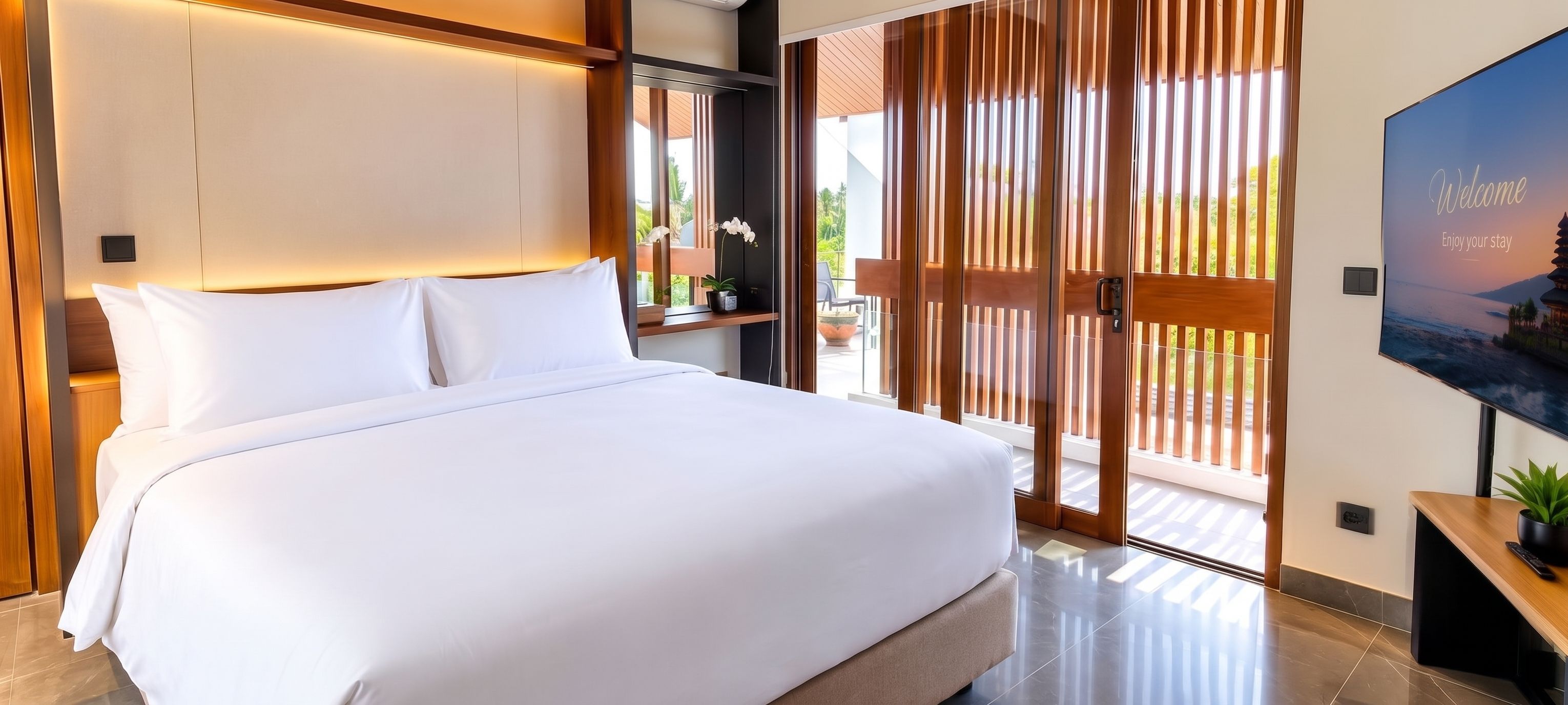 A modern hotel room with a large bed, a TV, and a balcony with wooden blinds.