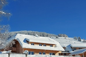 A wooden cabin with a sloped roof, surrounded by snow-covered trees and a clear blue sky. - Holiday apartment Bernau Dorf (Bernau)