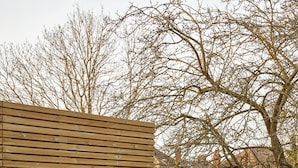Een terras met een glazen tafel, twee stoelen, een bank en een bloempot.