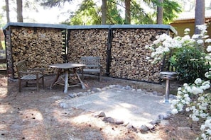 Ein Sitzbereich im Freien mit Tisch und Stühlen, umgeben von einer Steinmauer und einem Feuerkorb.
