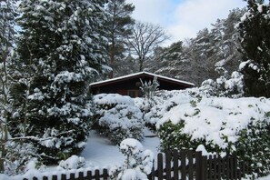 A cabin surrounded by snow-covered trees and a wooden fence. - Heideblockhaus Dachsbau (Neuenkirchen)