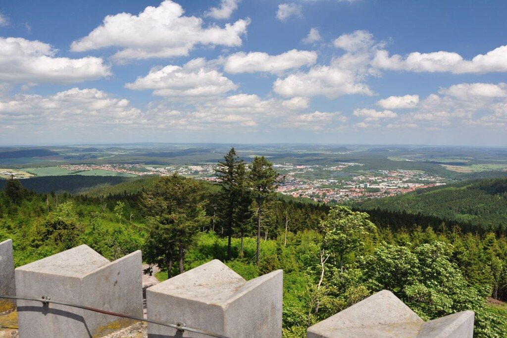 Ein weiter Panoramablick auf eine Stadt, die von bewaldeten Hügeln umgeben ist.