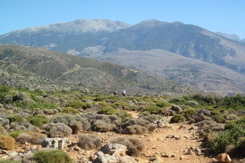 A mountainous landscape with a dirt path leading towards the hills.