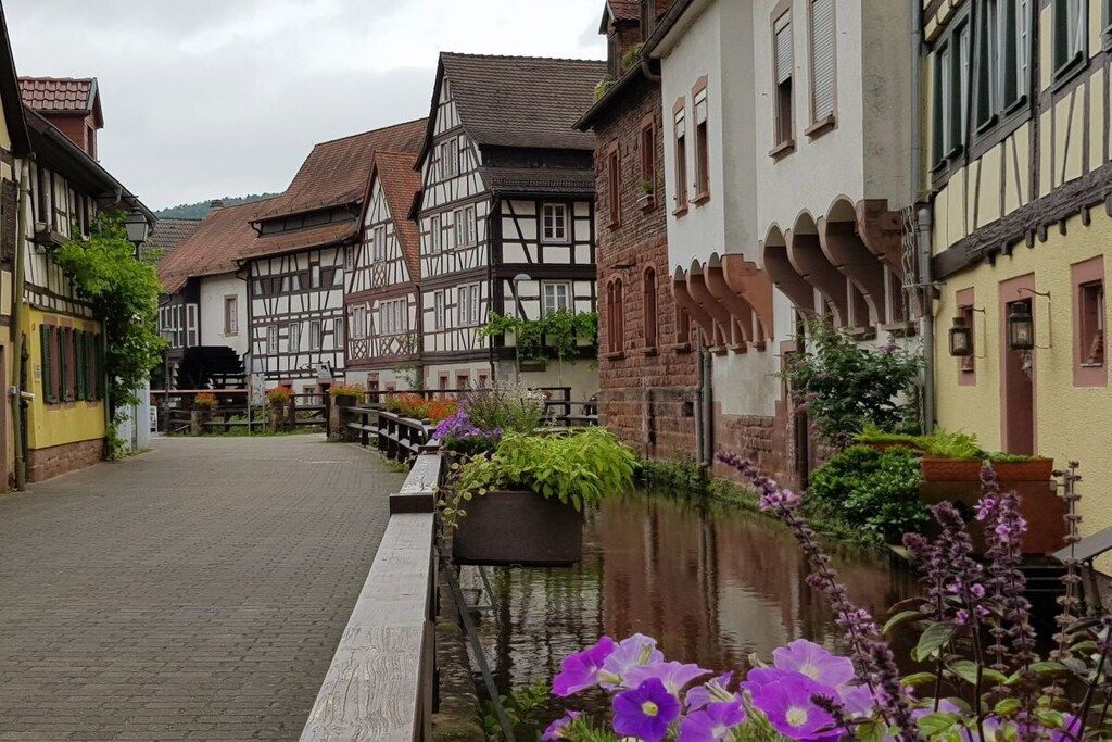 Une rue étroite bordée de maisons traditionnelles à colombages, un canal et des parterres de fleurs.