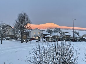A residential area with houses, parked cars, and a snow-covered landscape. - Holiday Home “Gîte La Gazeille” with Mountain View and Wi-Fi (Les Estables)