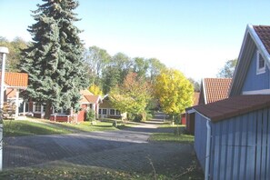 A residential street with houses, a large evergreen tree, and a clear sky. - Swedish house in a holiday paradise (Krakow am See)