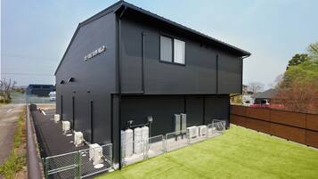 A modern two-story building with a flat roof and a sign that reads 'THE BIWAKO'.