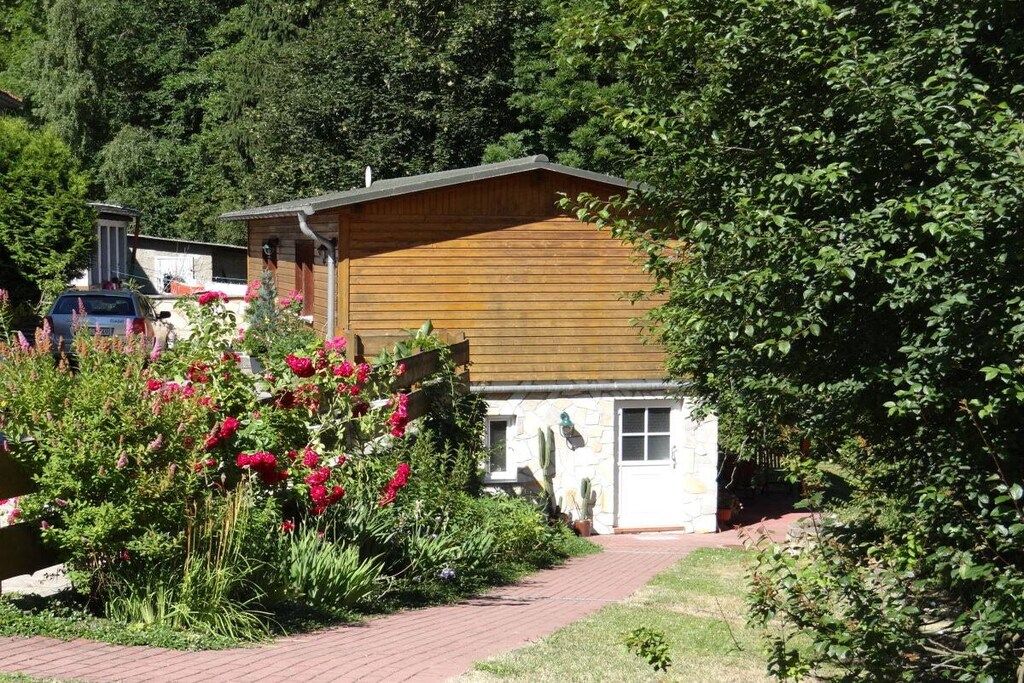 Una cabaña de madera con un sendero de ladrillo que conduce hacia ella, rodeada de vegetación exuberante y plantas en flor.