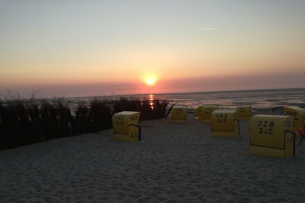 A beach with sand and a sunset in the background. There are yellow containers with numbers on them.