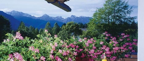 Ett bord med en duk, en flaska och ett glas, placerat med en bakgrund av berg och blommande buskar.
