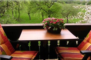 A seating area with a table and chairs, a potted plant, and a view of a green landscape with trees. - 3 on the Demelhof || Bernau (Bernau)