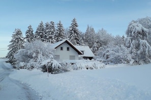 A snow-covered house with a sloped roof, surrounded by snow-laden trees and a clear sky. - Holiday home in Waltenhofen with barbecue (Waltenhofen)