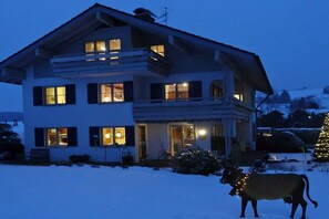 Une maison à deux étages, dotée de nombreuses fenêtres, d’un balcon et d’un terrain recouvert de neige.