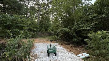 A gravel path with a green cart in a wooded area.