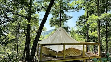 A tented structure in a forested area with a clear sky.