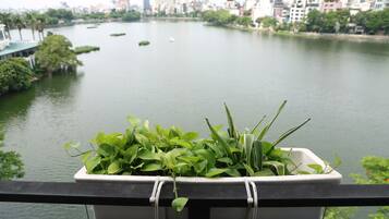 Vista de um rio com paisagem urbana ao fundo, grade de varanda e um vaso com plantas verdes.