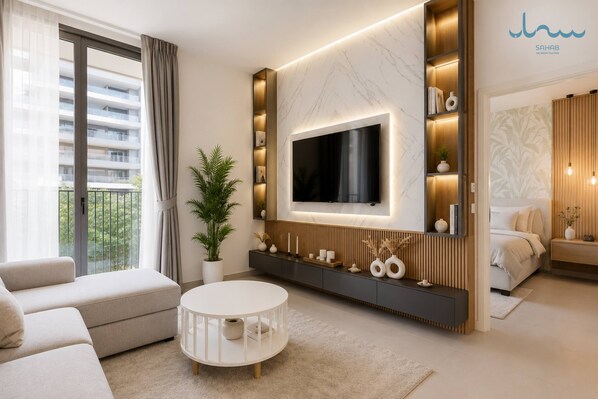 Een moderne woonkamer met een grote flatscreen televisie aan de muur, een bank, een salontafel en een potplant.
