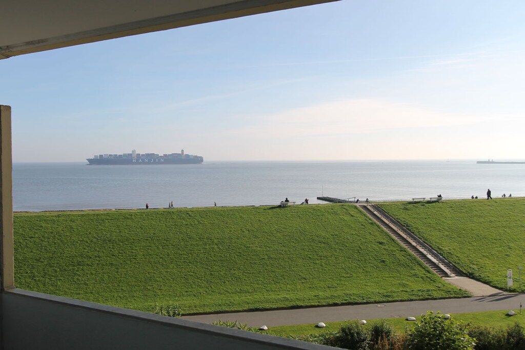 A view of a grassy area with a pathway leading to the water, and a large ship in the distance.