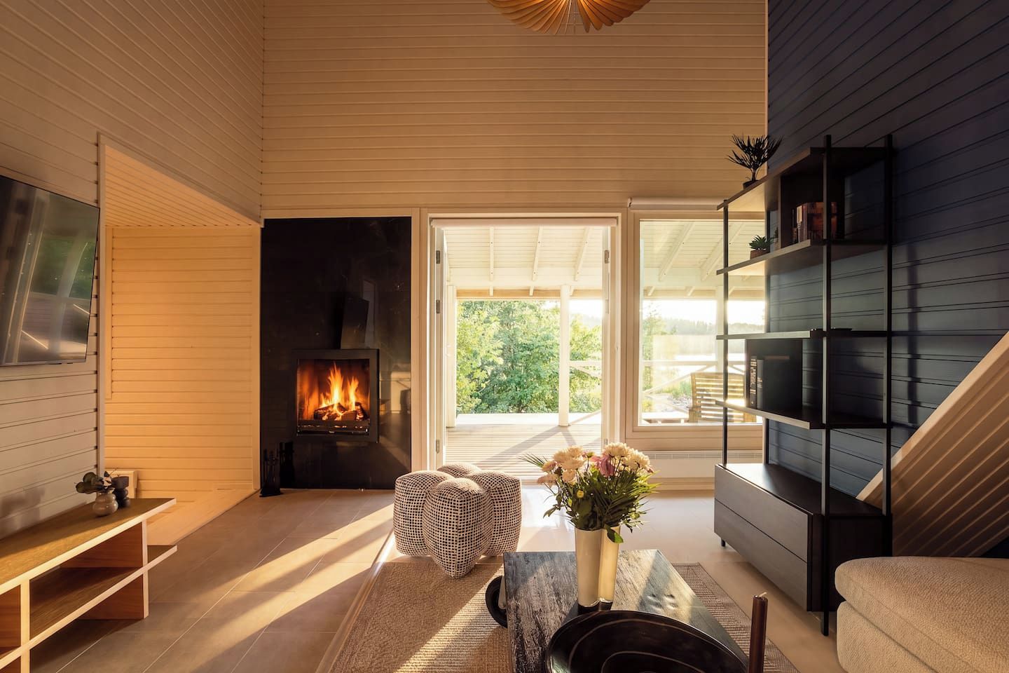 A modern living room with a fireplace, a sofa, a coffee table, and a bookshelf.
