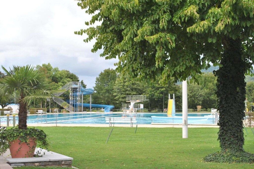 A swimming pool with a diving platform, surrounded by grass and trees.