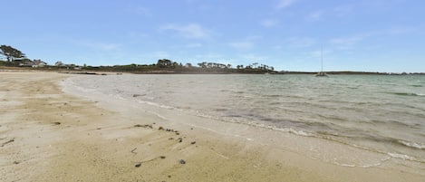 Een strand met een heldere lucht, kalm water en voetafdrukken in het zand.