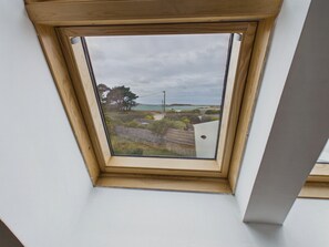 A skylight with a view of a coastal landscape.