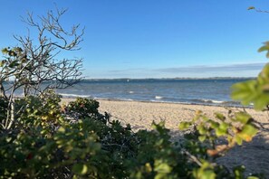 A beach with clear skies, calm water, and vegetation in the foreground. - Holiday apartment with 1 bedroom (Langballigau)