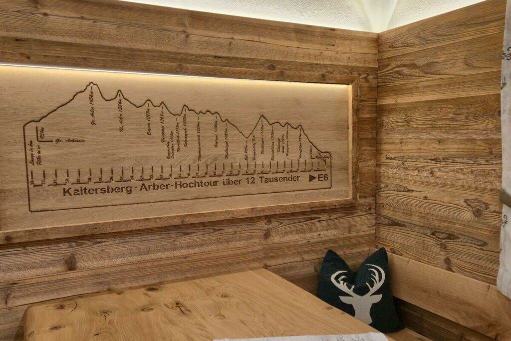Una pared de madera con un mapa del perfil de una montaña y un indicador direccional.