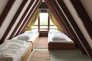 Een kamer met twee bedden, een raam met gordijnen en uitzicht op groen.