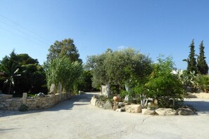 A paved driveway leading to a building with a stone wall on one side and trees on the other. - Villa in Pitsidia with swimming pool (Pitsidia)