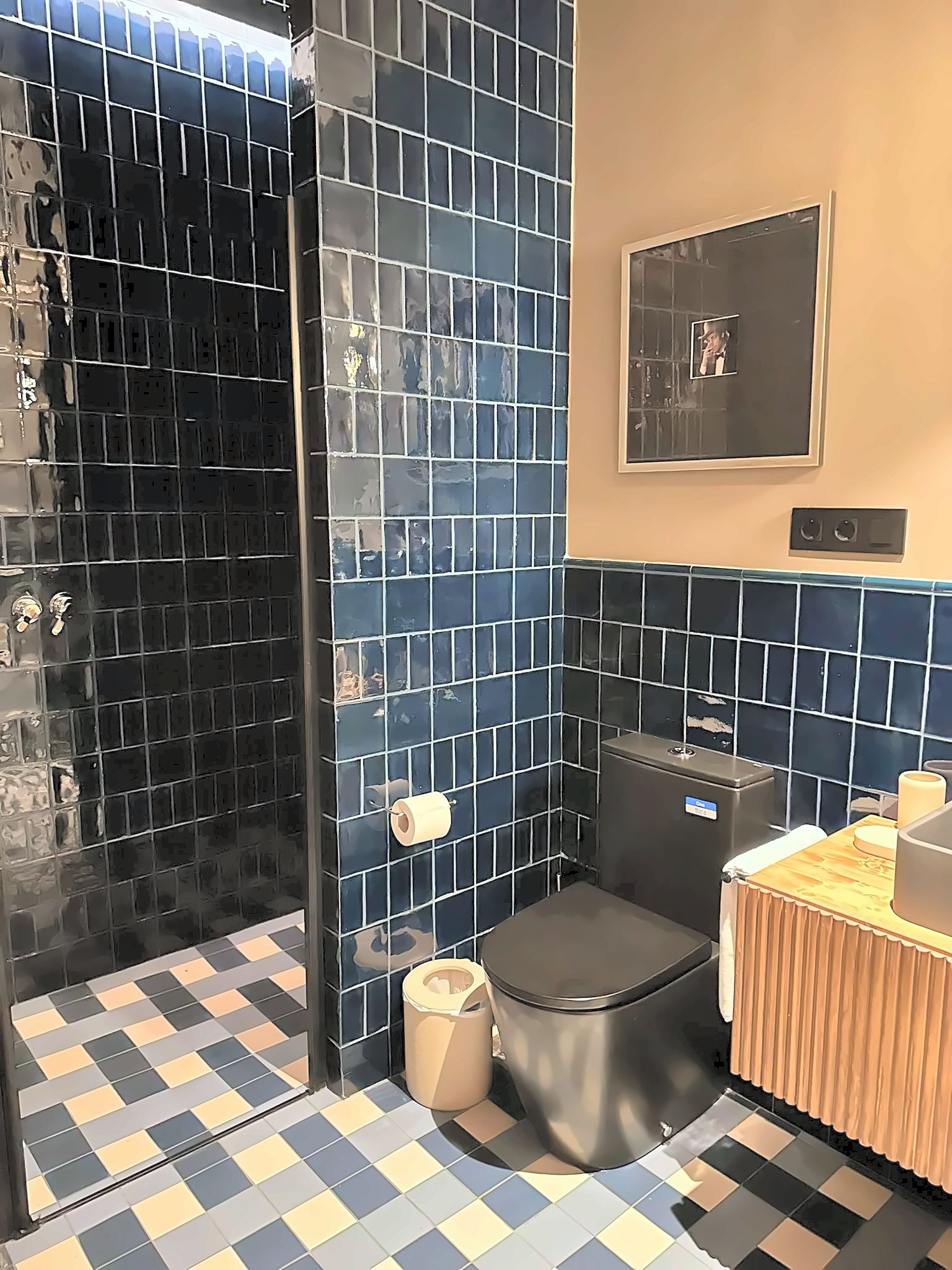 Een badkamer met douche, toilet en wastafel.