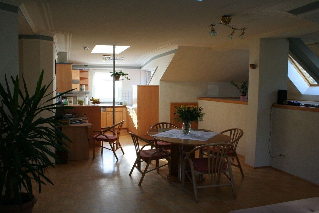 Un área de comedor con una mesa, sillas, una planta en maceta y una cocina al fondo.
