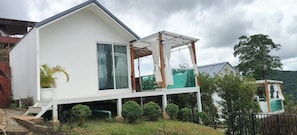 A modern two-story house with a balcony, a covered outdoor area, and a garden.