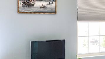 Quarto com televisão de tela plana em um suporte de vime branco, uma obra de arte emoldurada acima e um vaso de planta ao lado da janela.