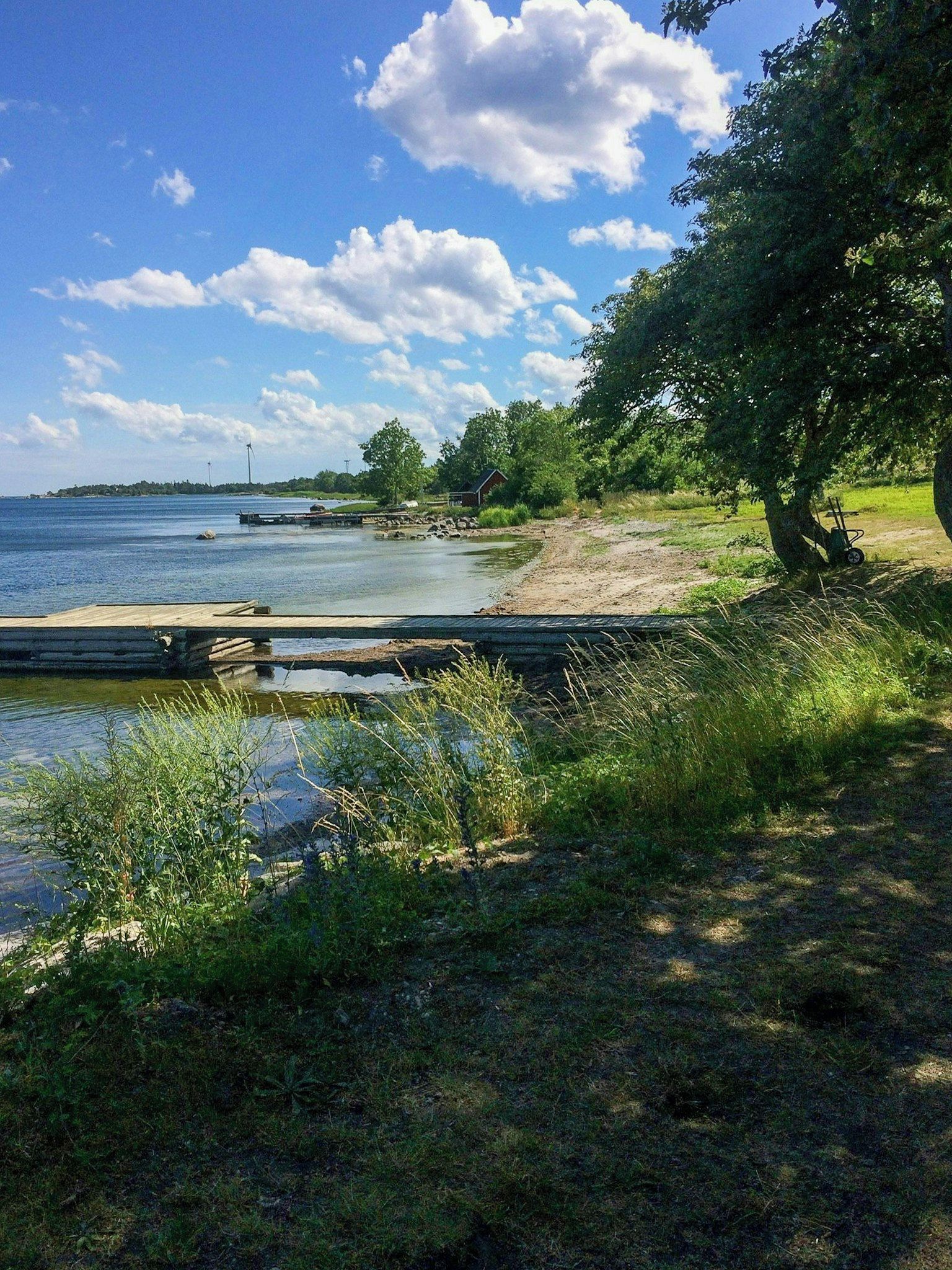 Vista de un lago con un muelle de madera que se adentra en el agua, rodeado de zonas verdes y árboles.
