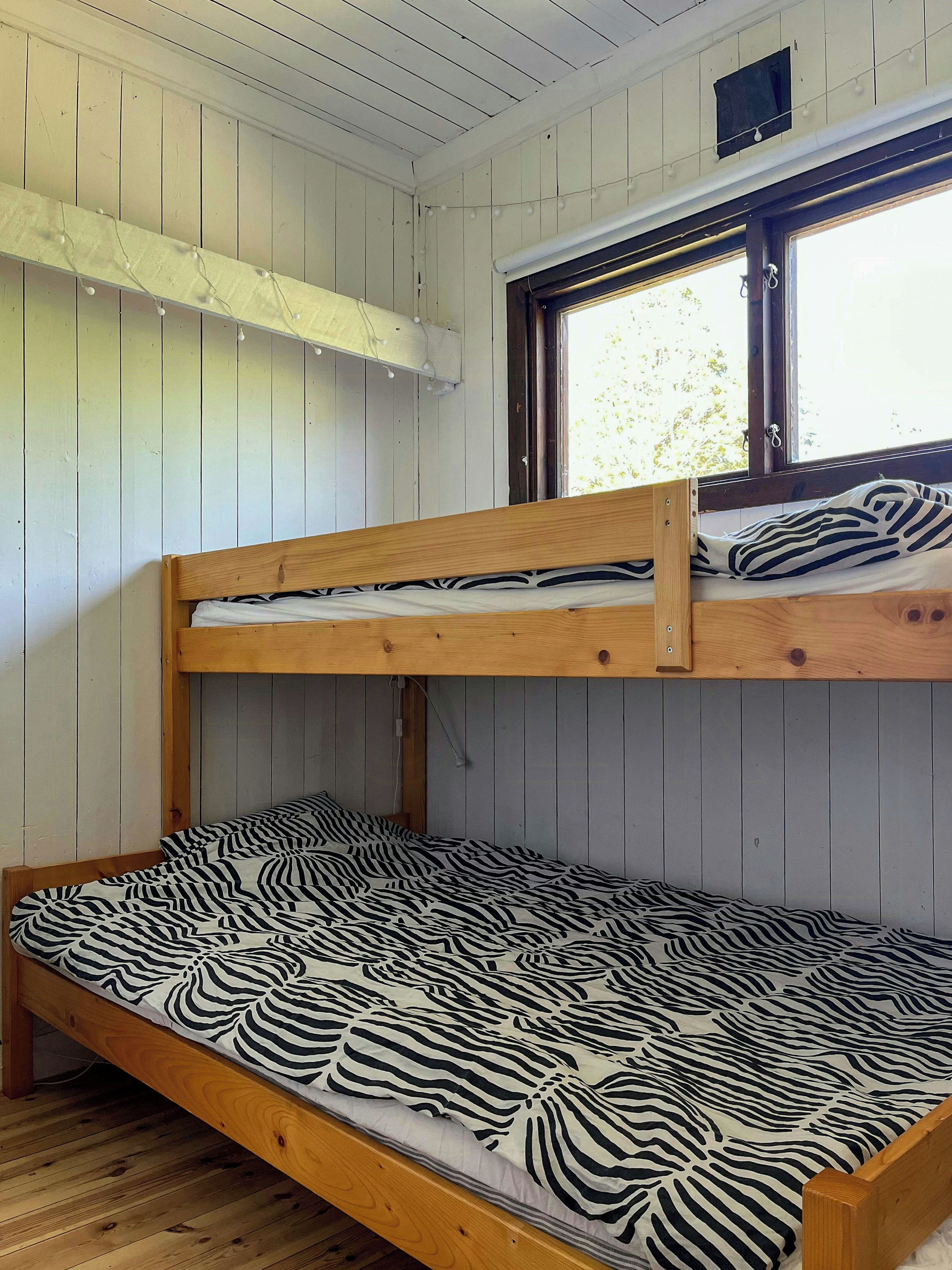 Un lit superposé avec un matelas à motifs zébrés et une fenêtre au-dessus.