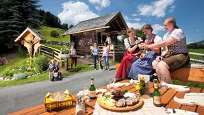 A wooden cabin with a sloped roof, surrounded by a lush green landscape and a clear blue sky. - Alpenapartments Embach - Wascherwirt - (Lend)