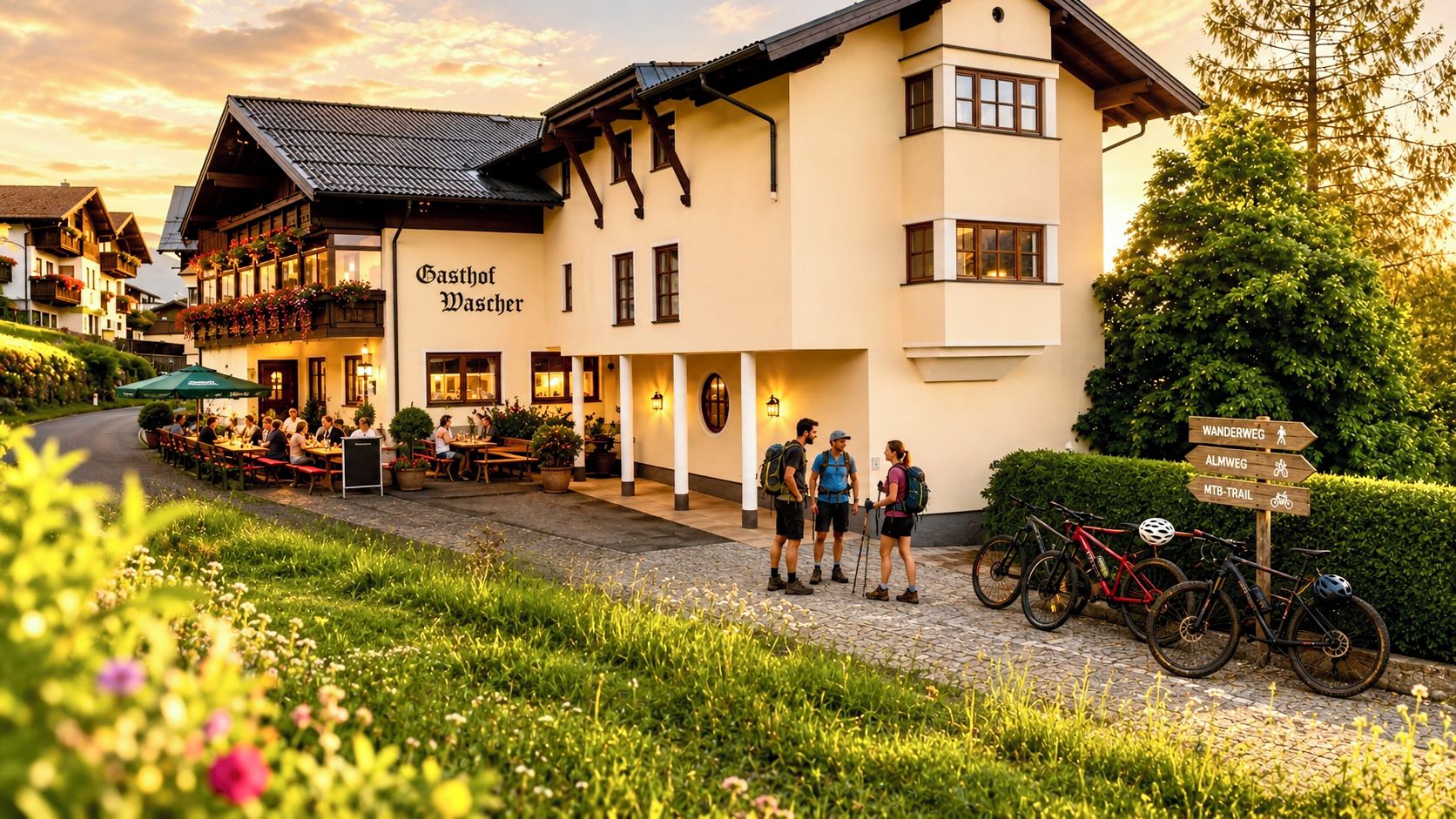 Ein Gebäude mit einem Schild, auf dem 'Gasthof Wascher' steht, und einem Wegweiser, der 'Wanderweg', 'Almweg' und 'MTB-Trail' anzeigt.