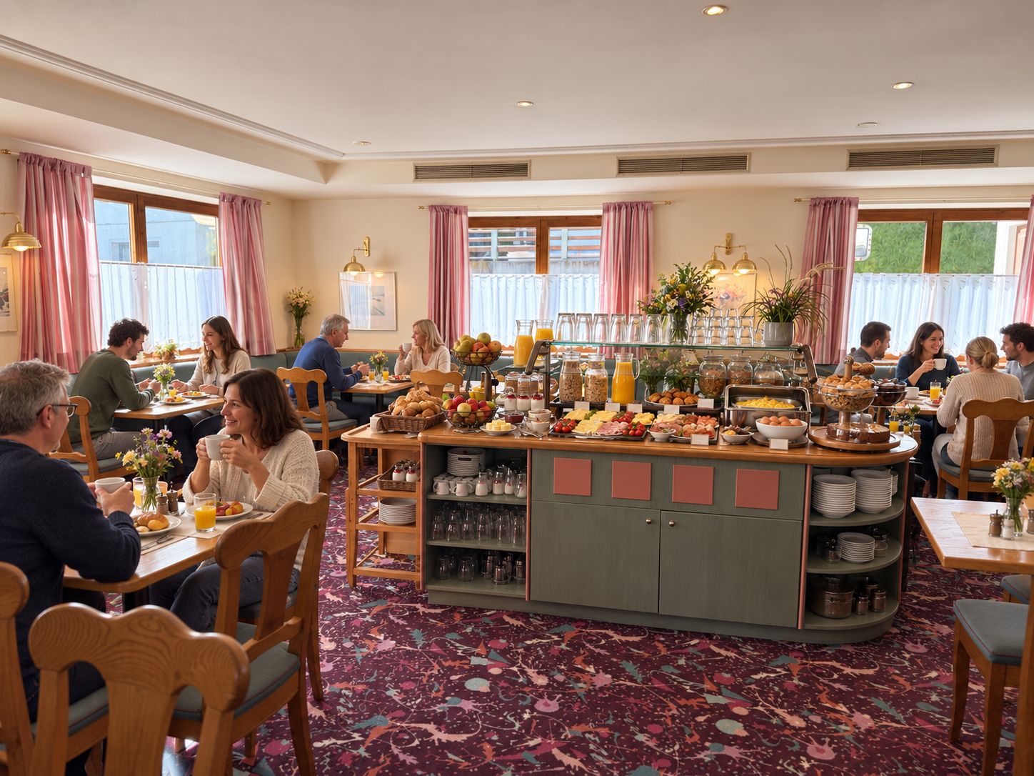 Een ontbijtbuffet met diverse gerechten en een centraal bedieningspunt.