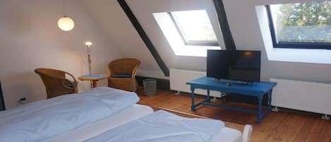 Une pièce avec un lit, un téléviseur posé sur une table bleue, deux fauteuils en osier et une lucarne.
