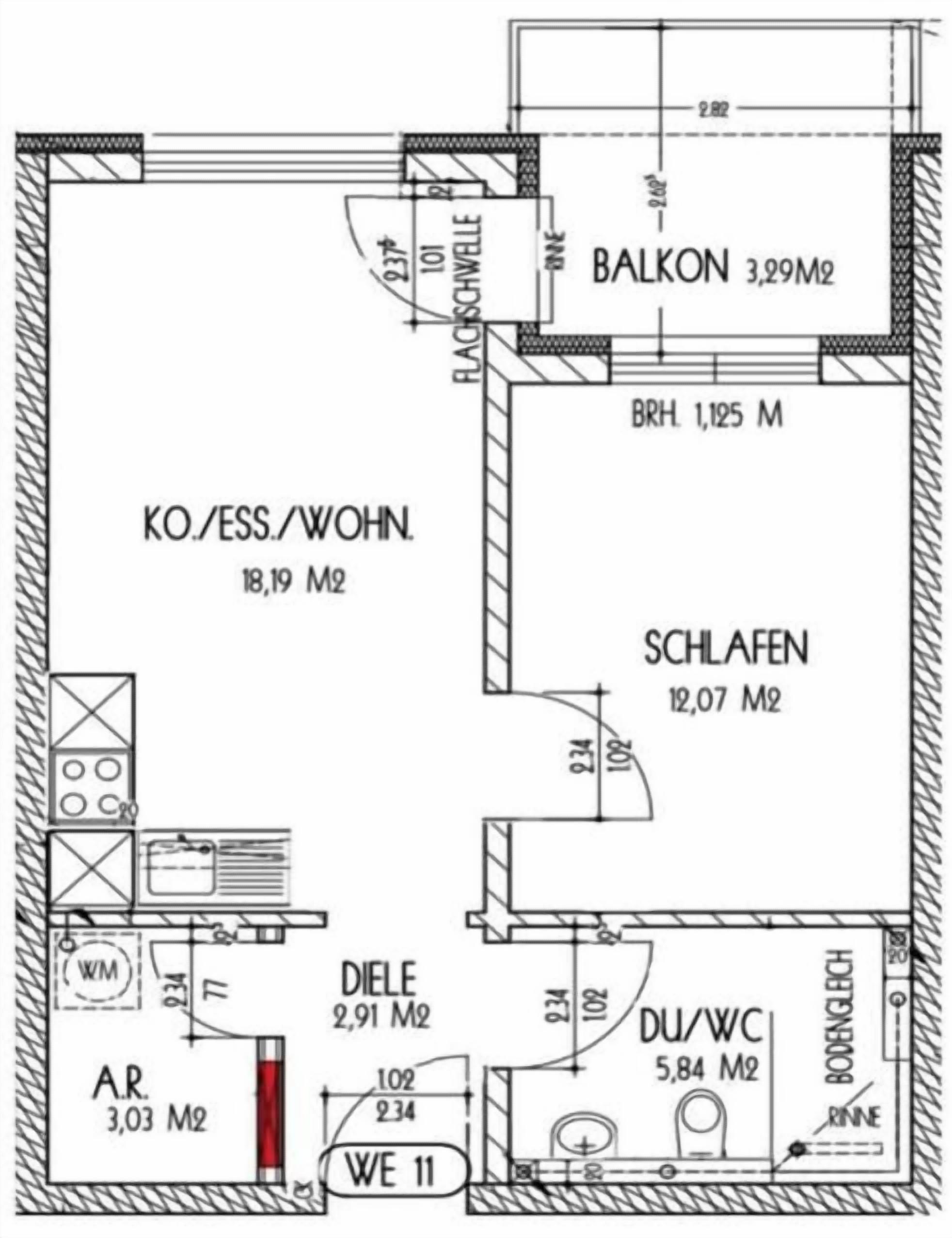 En planritning som visar en lägenhet med balkong, kök, matplats och badrum.