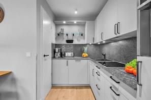 A modern kitchen with white cabinets, a granite countertop, a stainless steel sink, and a built-in oven. - Haus Elisabeth, Apartment 11, on the beach, with an underground parking space, Wi-Fi, and a balcony (Sylt)