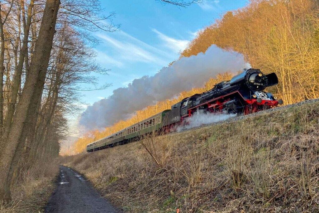 Une locomotive à vapeur sur une voie ferrée, entourée d’arbres.