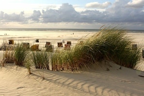 A beach with sand dunes, a few people in the distance, and a cloudy sky. - Holiday apartment in Juist with swimming pool (Juist)