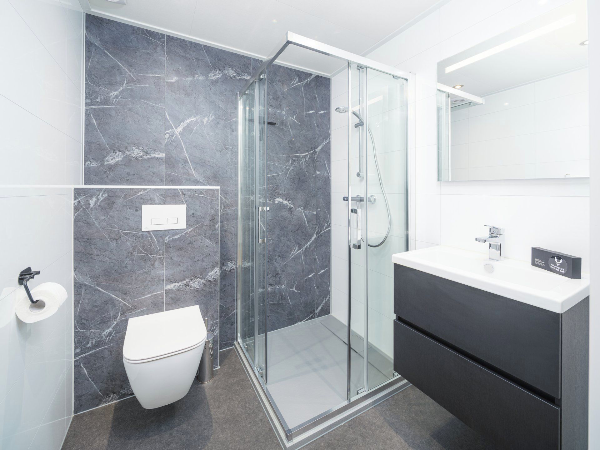 A modern bathroom with a glass shower enclosure, a white toilet, and a dark-toned vanity with a mirror.
