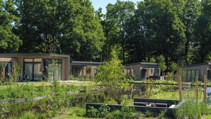 A modern outdoor area with a pond, surrounded by lush greenery and trees. - Stylish 6-person home with three bedrooms, a modern kitchen, air conditioning, a cozy outdoor space with a luxury pergola, private hot tub, sauna and a lounge area with an outdoor fireplace. Enjoy comfort and nature in the Veluwe. (Lieren)