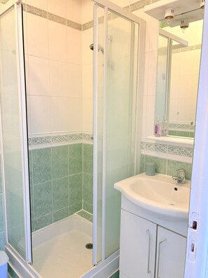 Ein Badezimmer mit einer Duschkabine, einem weißen Waschbecken und einem Spiegel darüber.