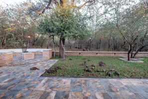 Zona d'un pati pavimentada amb un foc a la xemeneia de maó i seients, envoltada d'una zona verda amb mur de maó i arbres.