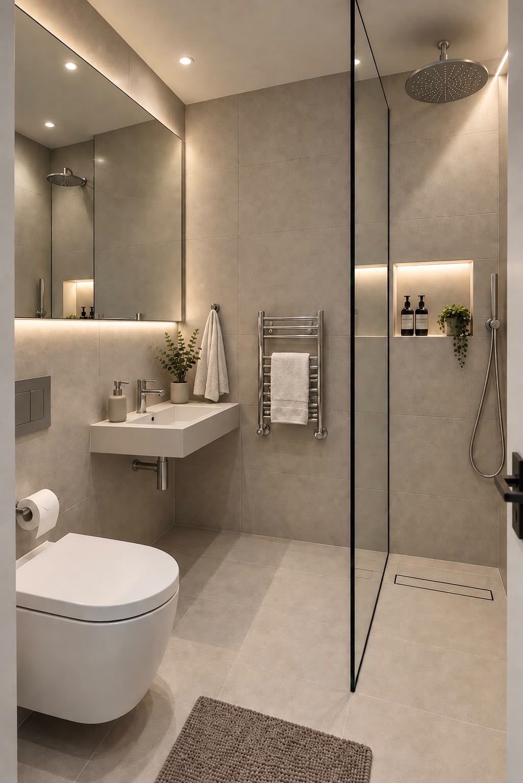 A modern bathroom with a toilet, sink, and shower.