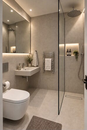 A modern bathroom with a toilet, sink, and shower. - Soho City Canvas • Stylish 2BR • Sleeps 4 (London)